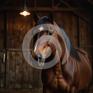 Low light setting highlights majestic horse in a rustic barn. photo