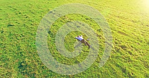 Low orbital flight around man on green grass with notebook pad at yellow rural field.