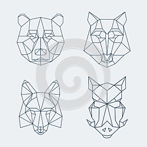 Low poly animals. Bear and wolf, fox or wild boar heads