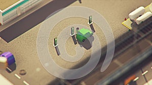 Low poly animation. View of the city with the electrical charging station