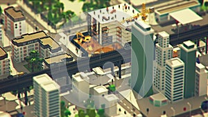 Low poly animation. View of the city with the electrical charging station