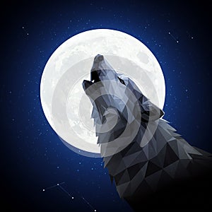 Low-poly art of a howling wolf against a full moon.