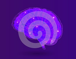 Low poly brain with barrier wireframe on purple BG