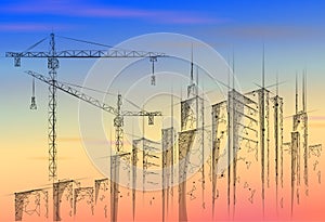 Low poly building under construction crane sunrise. Industrial modern business technology. Colorful sunset sky 3D