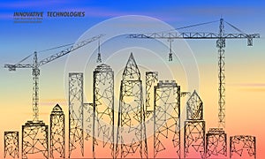 Low poly building under construction crane sunrise. Industrial modern business technology. Colorful sunset sky 3D