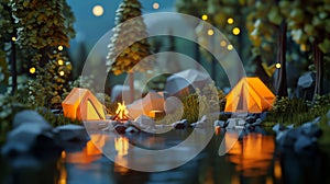 Low Poly Camping Scene at Night by a Lake