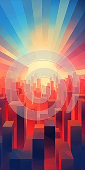 Low Poly Cityscape Sun: A Digital Gradient Blend Of Cubo-futurism photo