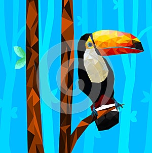 Low poly colorful toucan bird with tree on back ground, birds on the branches ,animal geometric concept,vector