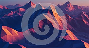 Low-poly, computer-generated mountain landscape with sharp, angular peaks. The