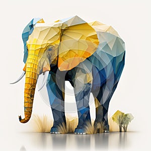 Low poly elephant in blue and yellow color. Generative AI