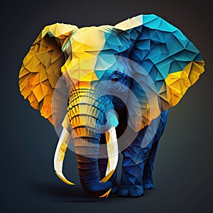 Low poly elephant in blue and yellow color. Generative AI