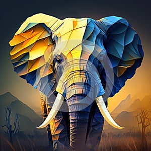 Low poly elephant in blue and yellow color. Generative AI