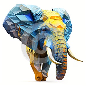 Low poly elephant in blue and yellow color. Generative AI