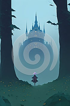 Low poly:fairytale mystic forest and a castle in it, Ai generated