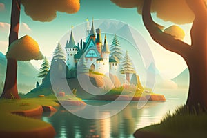 Low poly:fairytale mystic forest and a castle in it, Ai generated