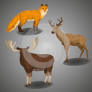 Low poly forest animal compilation. Vector illustration set in polygonal style.