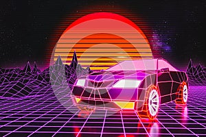 Low-poly generic sports car with grid terrain and sun. Retro wave or synthwave or vaporwave 80`s Arcade game futuristic abstract