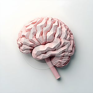 Low poly geometric brain in soft pink tones on pastel blue background, representing rigid cognition and neurodevelopmental