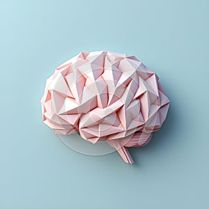 Low poly geometric brain in soft pink tones on pastel blue background, representing rigid cognition and neurodevelopmental