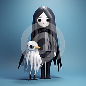 Low Poly Girl With Bird Regional Gothic Cartoonish Character Design