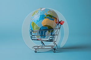 Low poly global depicted on white background within shopping cart