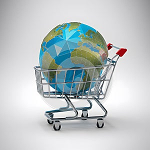 Low poly global depicted on white background within shopping cart