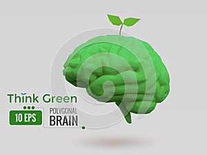Low poly green natural brain in 3D look on white BG
