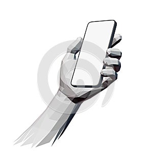Low-Poly Hand Holding Smartphone With Blank Screen Over White Background, Mock-up or Template