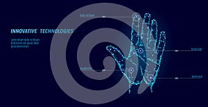 Low poly hand scan cyber security. Personal identification fingerprint handprint ID code. Information data safety access