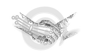 Low poly handshake future industrial revolution concept. AI artificial and human union. Online technology agreement