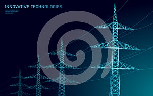 Low poly high voltage power line silhouette. Electricity supply industry pylons outlines on dark night blue sky