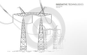 Low poly high voltage power line silhouette. Electricity supply industry pylons outlines on dark night blue sky