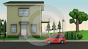 low poly house and red car on the road cartoon style 3d render