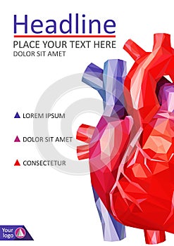 Low poly human heart cover design. A4 Medical journals, conferenes