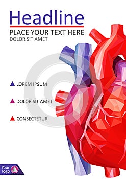 Low poly human heart cover design. A4 Medical journals, conferenes photo