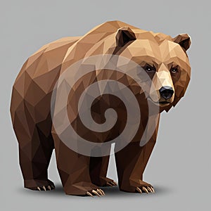 Low-poly illustration of a bear, featuring angular, geometric facets. The bear is brown