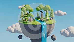 A low-poly illustration of a floating island with a waterfall.