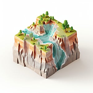 Low Poly Landscape With Trees And River - Nature-inspired Isometric Art