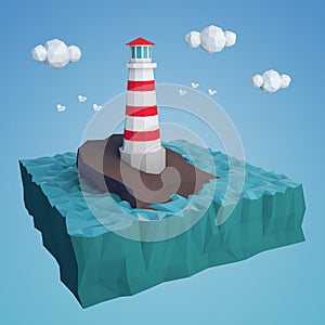 Low poly lighthouse on a rocky island in the sea