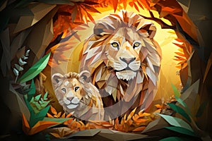 low poly lion and cub in the forest