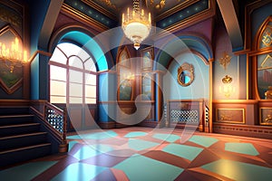 Low poly: magic castle, interior, wide angle, Ai generated