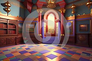 Low poly: magic castle, interior, wide angle, Ai generated