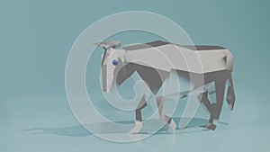 Low poly metal cow with blue eyes waddles on blue background, loop, 3d rendering