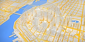 Low poly modern downtown with river above view