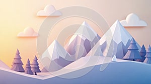 Low poly mountain landscape at sunrise with triangular peaks and gradient lighting