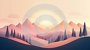Low poly mountain landscape at sunrise with triangular peaks and gradient lighting