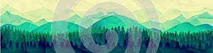 Low poly mountains landscape vector background. Polygonal shapes peaks with snow on top and trees around.