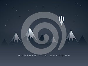 Low poly mountains night landscape and flying balloon vector background with stars in the sky. Symbol of exploration