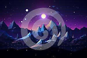 low poly mountains at night with stars and moon in the background