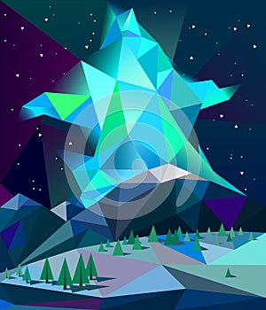 Low poly northern lights over mountains in winter night vector